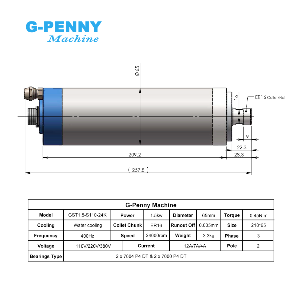 G-Penny CNC 1.5KW ER16 65mm 4  - Water Cooled Spindle 评论和价格